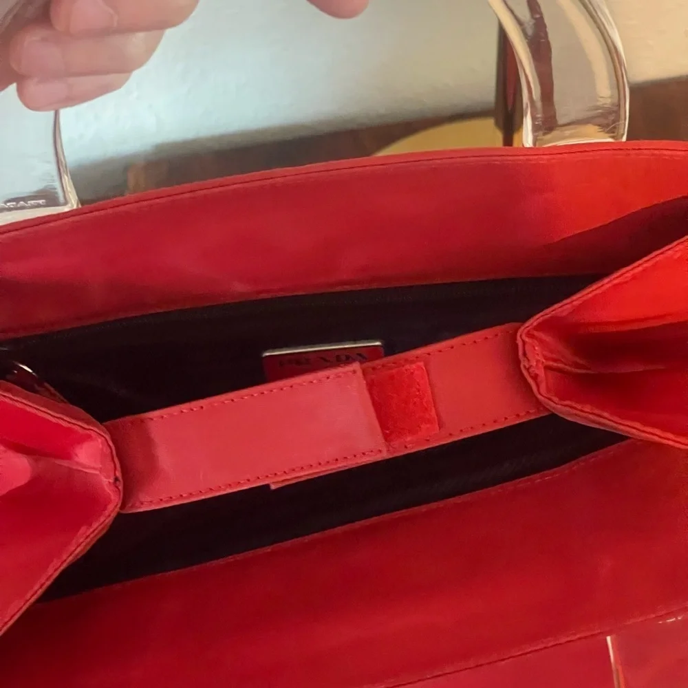 Prada Tesseto Nylon Triangle Red Tote with Transparent Handles